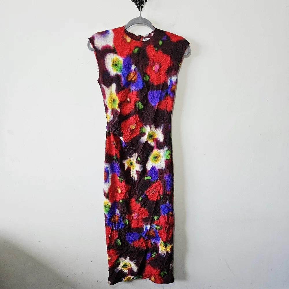 Zara Floral Print Midi Dress Size XS Watercolor Blogger Favourite - Picture 2 of 6